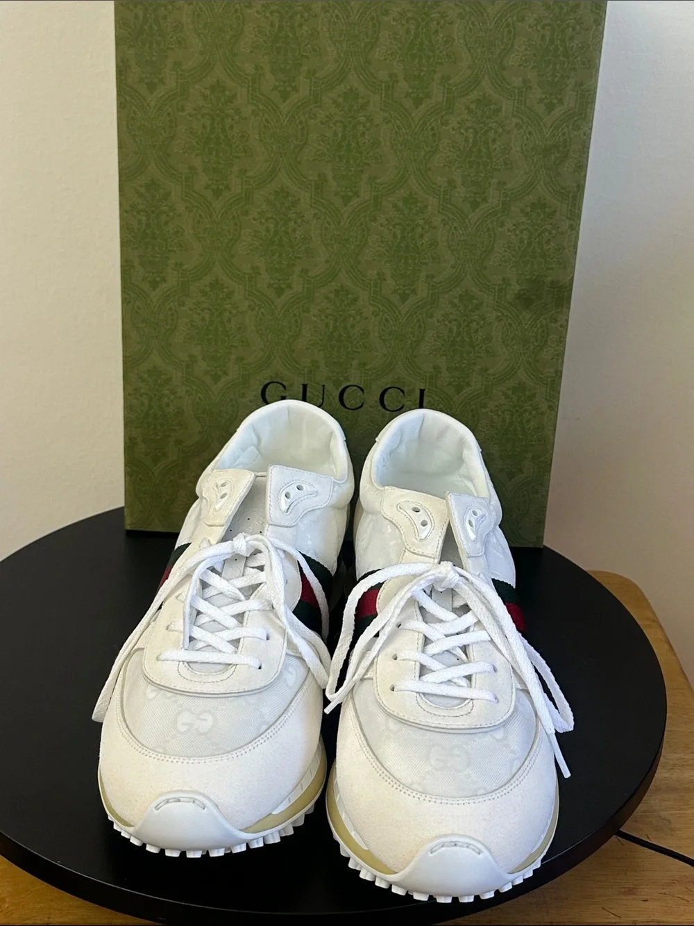 White Gucci Sneakers with Green & Red Stripe